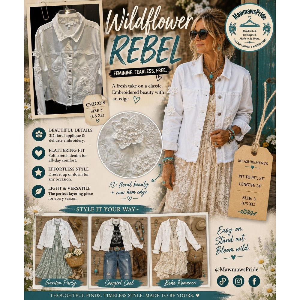 Chicos White Floral Embroidered Denim Jacket Size 3 XL 3D Flower Raw Hem Boho